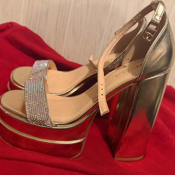 Soda Gold Rhinestone Platform Block Heels - Picture 3 of 5
